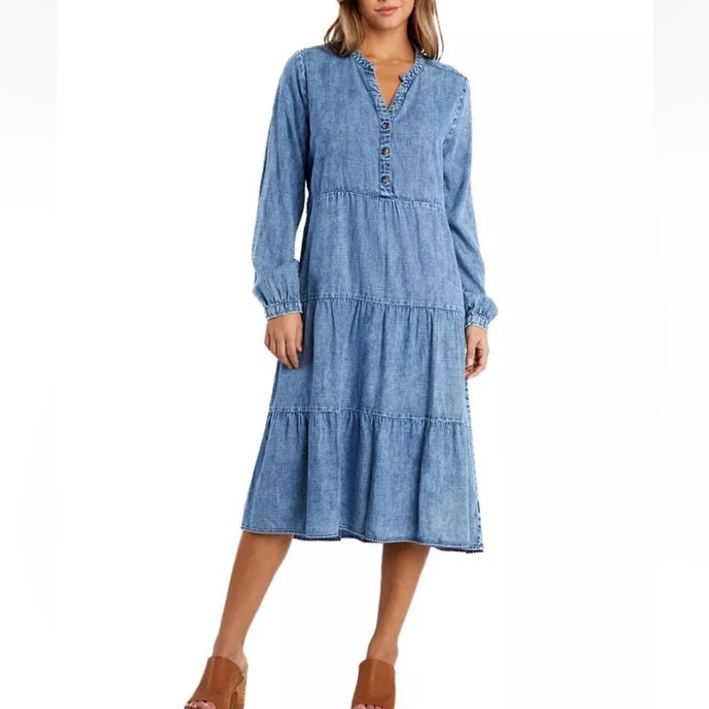 Billy T Blue Denim tencel blend Dress Size S, tiered, long sleeved, soft, travel